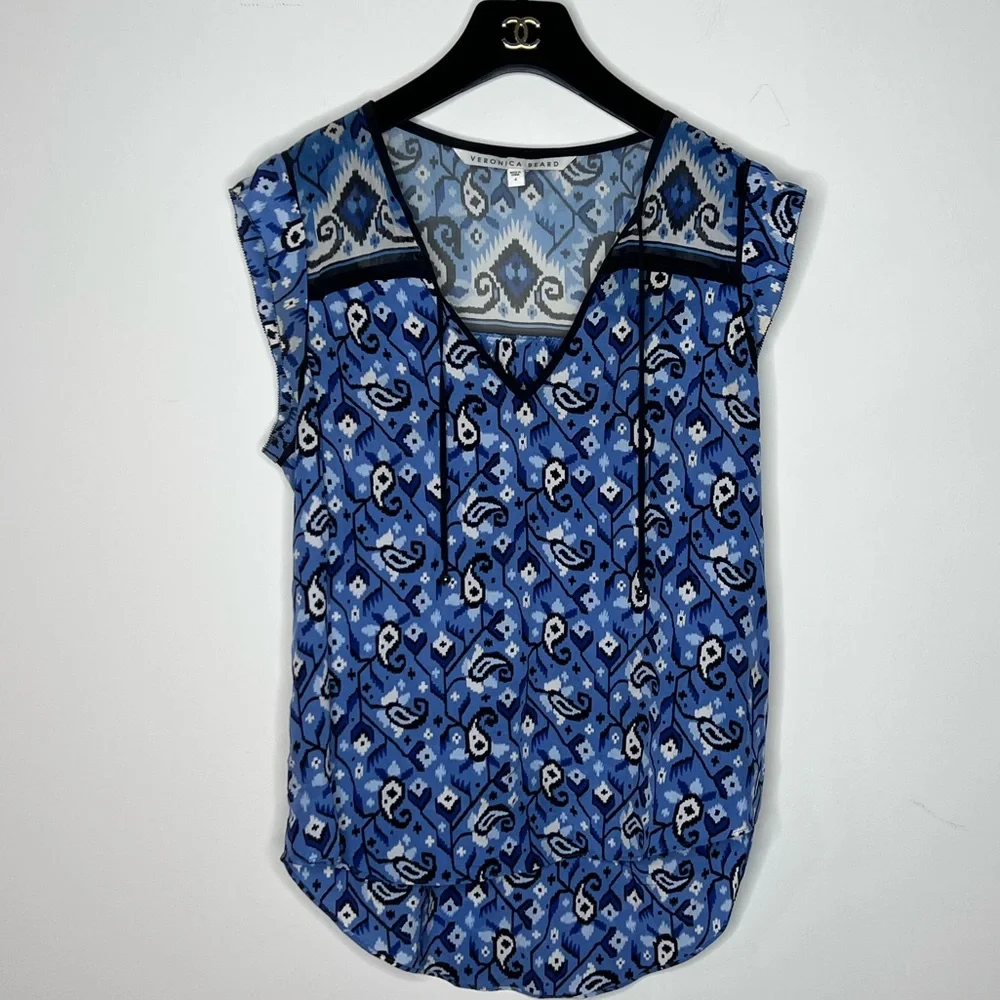 VERONICA BEARD Women's 'Rincon' Tie Front Silk Blouse Spring Navy Sz. 4 - Picture 5 of 7